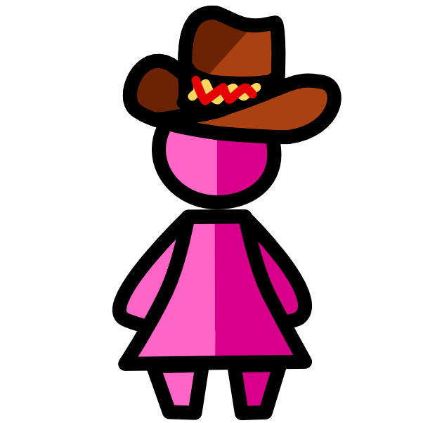 a simplified figure of a short pink person with a dress-shaped triangle body and wearing a cowboy hat. The left half of its body is a lighter pink. The image has dark line art